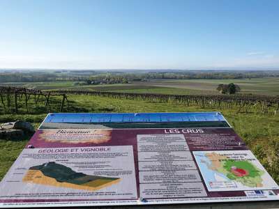 © Une des tables de lecture au pied du moulin d'Arthus avec son panorama sur les vignes