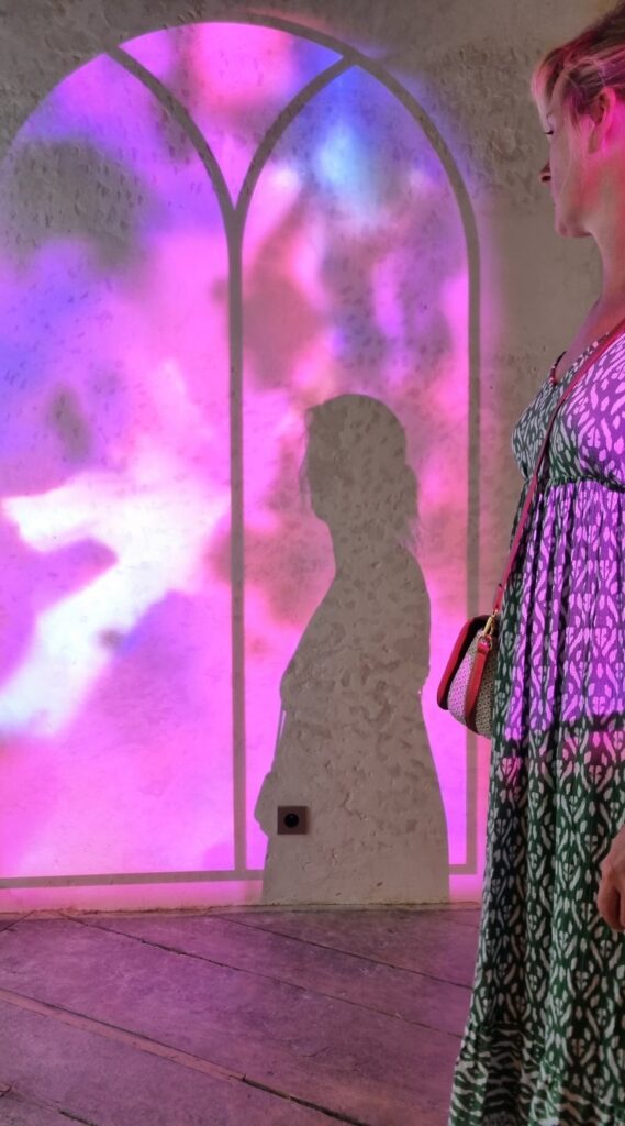 photo Salle odorat - jeune femme et son ombre dans les lumières colorées