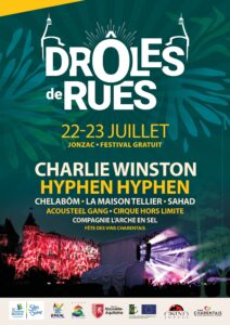 Affiche festival gratuit drôles de rues en juillet 2023 à Jonzac