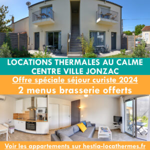 Bannière de communication de l'offre 2024 des locations d'appartements Hestia à Jonzac, proche de la cure thermale et en centre-ville.