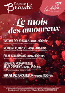 affiche propositions institut beauté des Antilles de Jonzac pour 2026 le mois des amoureux - février
