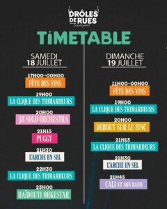 horaires de passage des groupes musicaux de Drôles de rues 2026