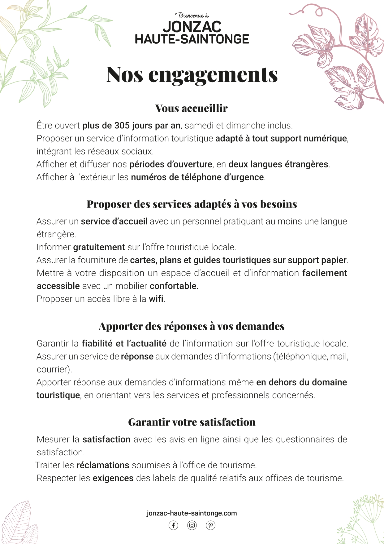 Les engagements de l'Office de Tourisme de Jonzac
